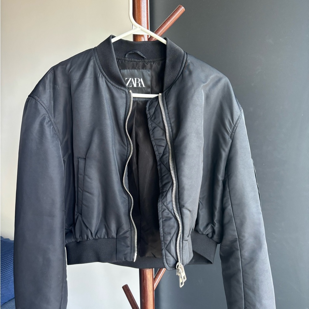 Zara Black Bomber Jacket with Ribbed Collar